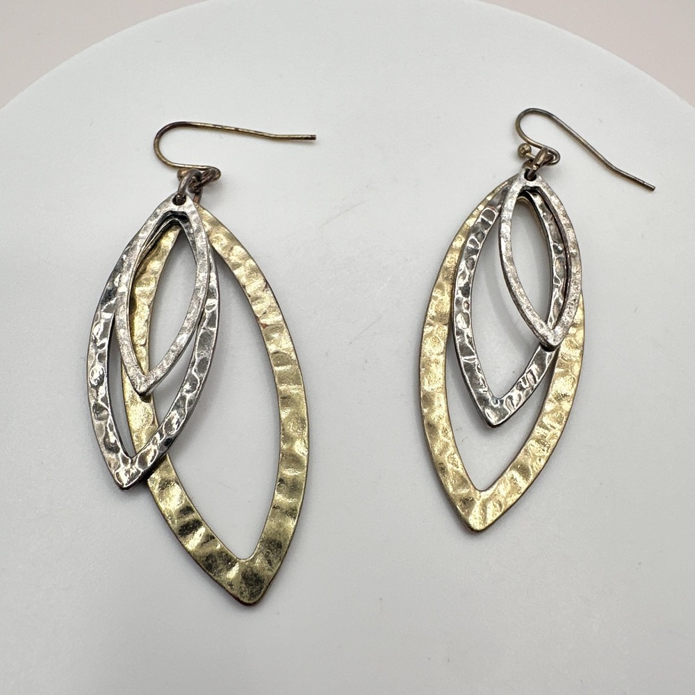Vintage 90s Metal Hammered Marquise Dangle Earrings Classic Jewelry